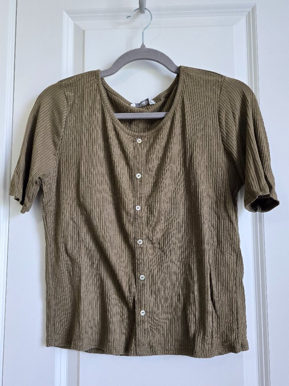 Only Olive Green Ribbed Button Front Short Sleeve Top